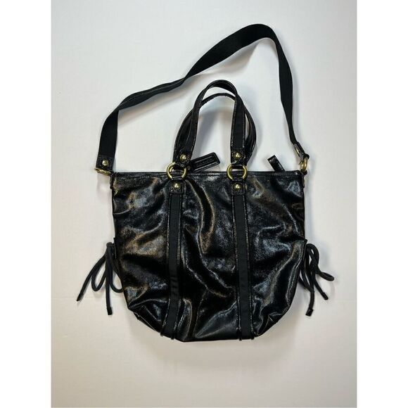 Vintage Coach Black Patent Leather Poppy Daisy Liquid Glass Heart Zipper Bag EUC - Picture 11 of 15